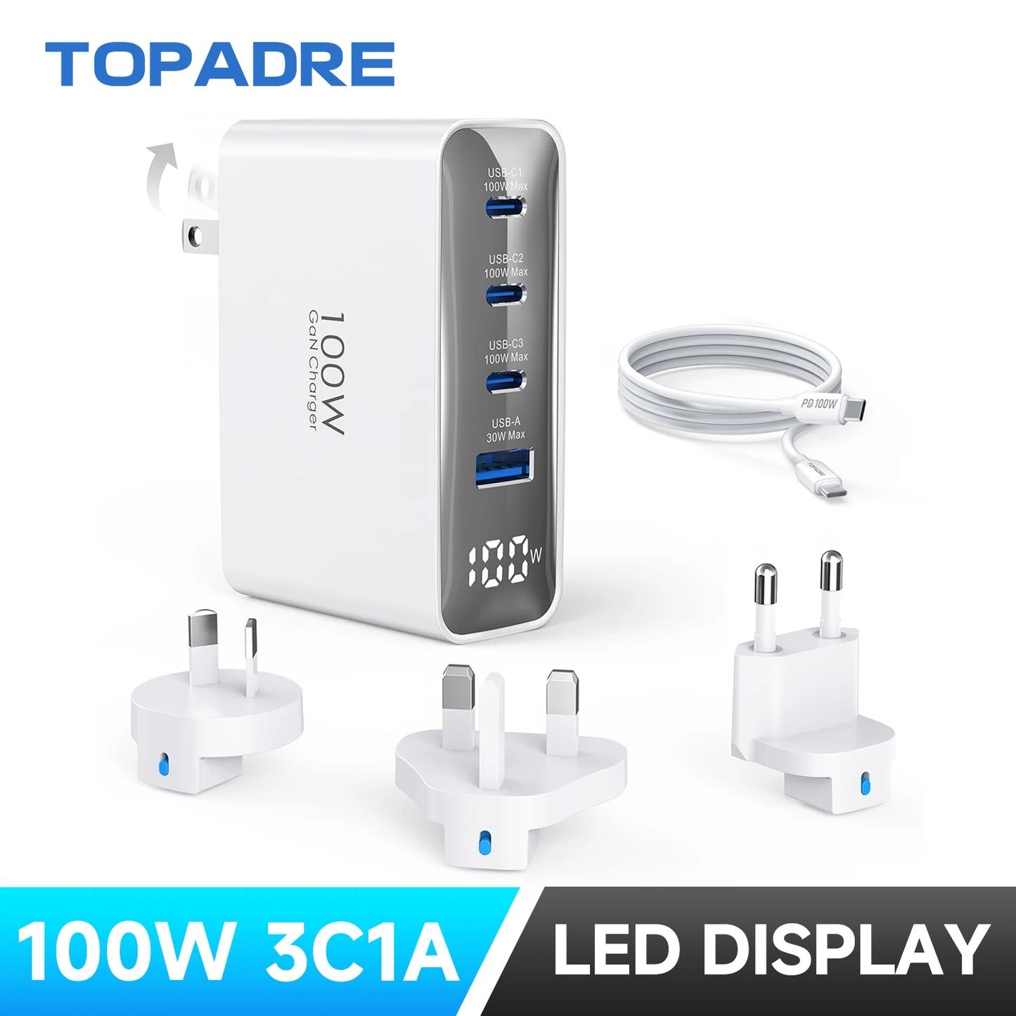100W USB C Travel Charger With 4 Ports Foldable UK EU AU Plugs
