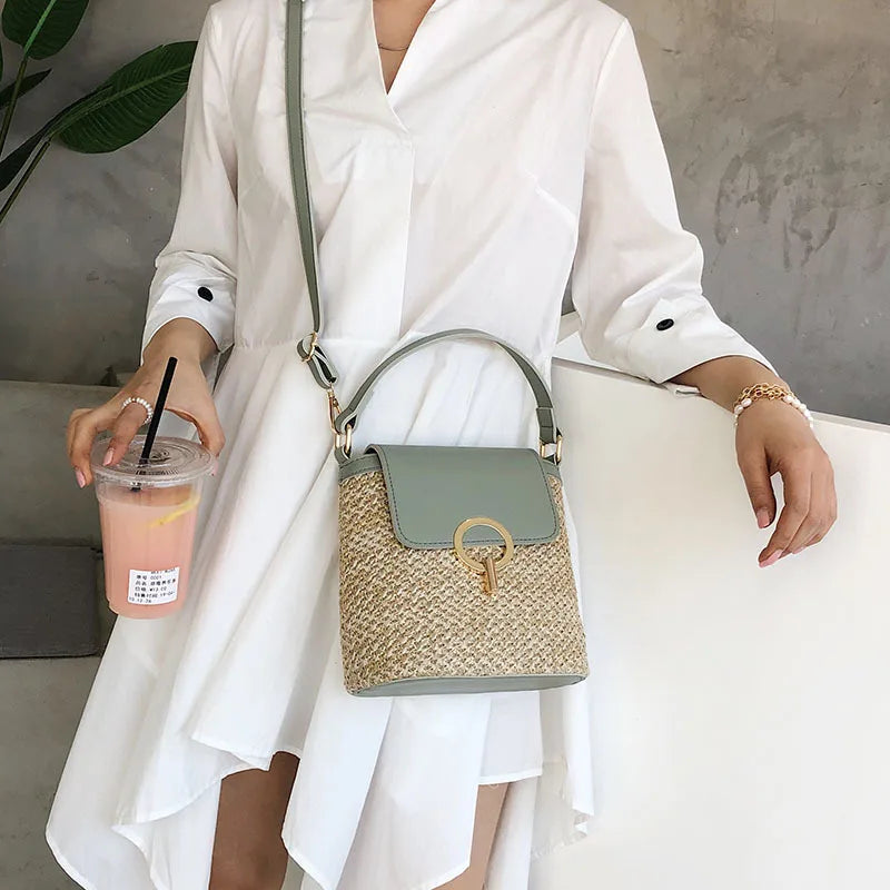 Beach Lady Straw Bucket Bag For Women Travel Purse