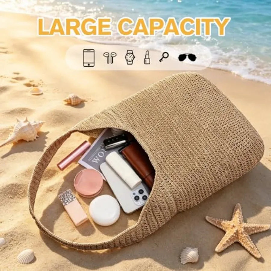 Boho Straw Beach Tote Bag For Women Shoulder Purse
