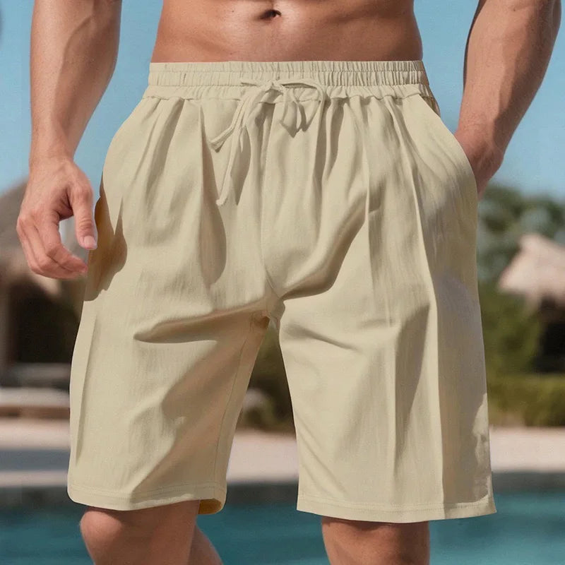 Men Quick Dry Linen Beach Shorts With Drawstring Waist Pockets