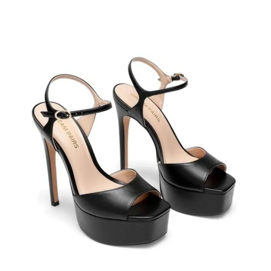 Womens Open Square Toe Platform Heels With Ankle Strap