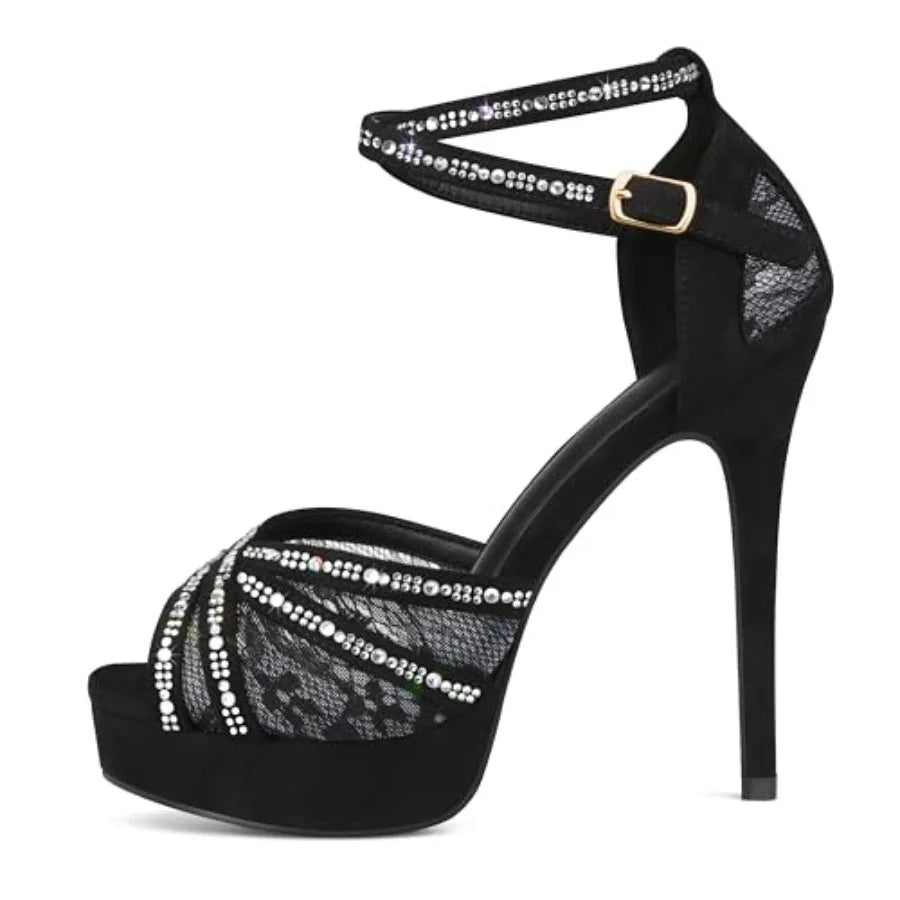 Women's Platform Heels Rhinestone Mesh Peep Toe Ankle Strap Pumps