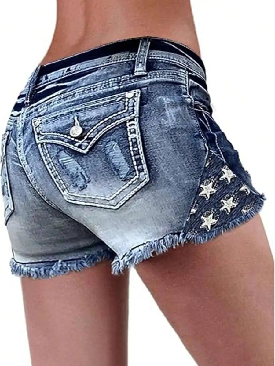 Womens Ripped Denim Shorts With Star Embroidery Stretch Casual Summer