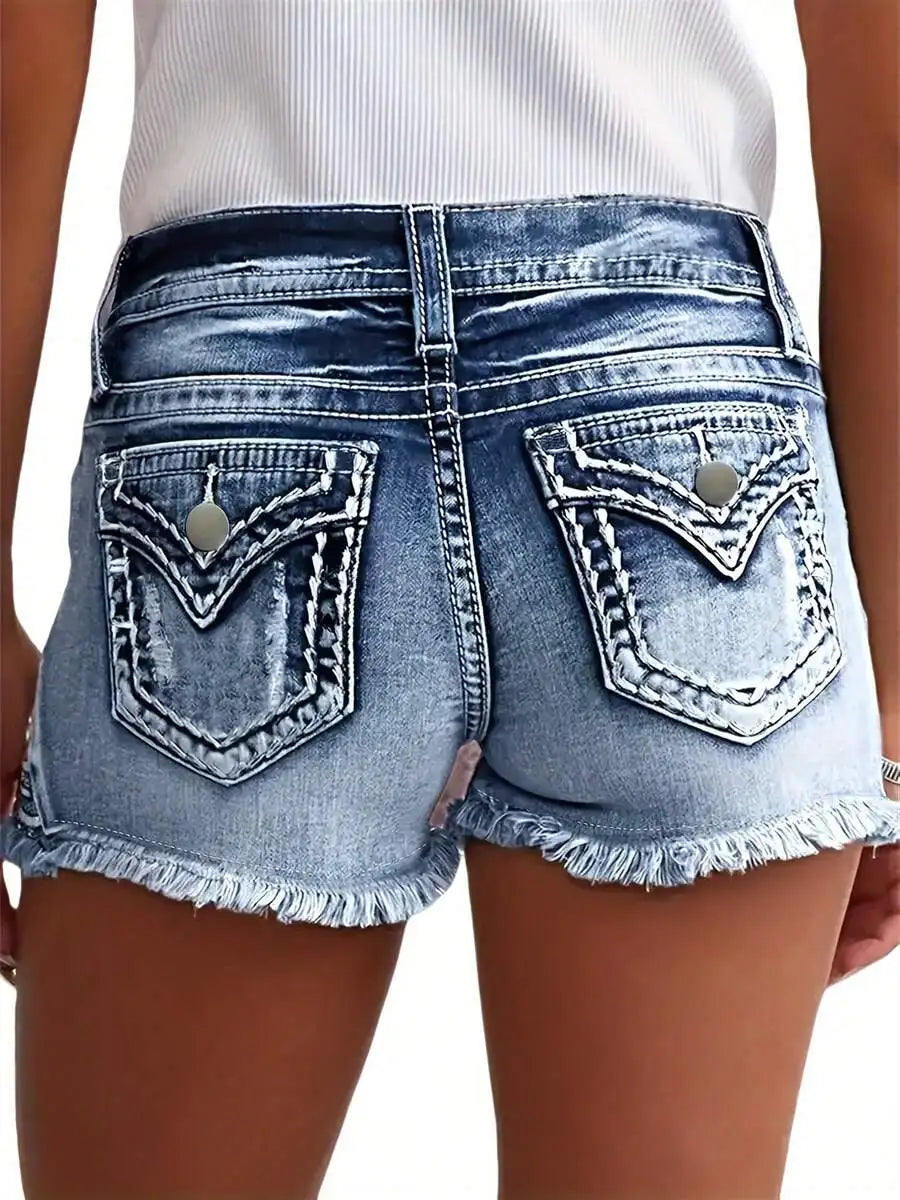 Womens Ripped Denim Shorts With Star Embroidery Stretch Casual Summer