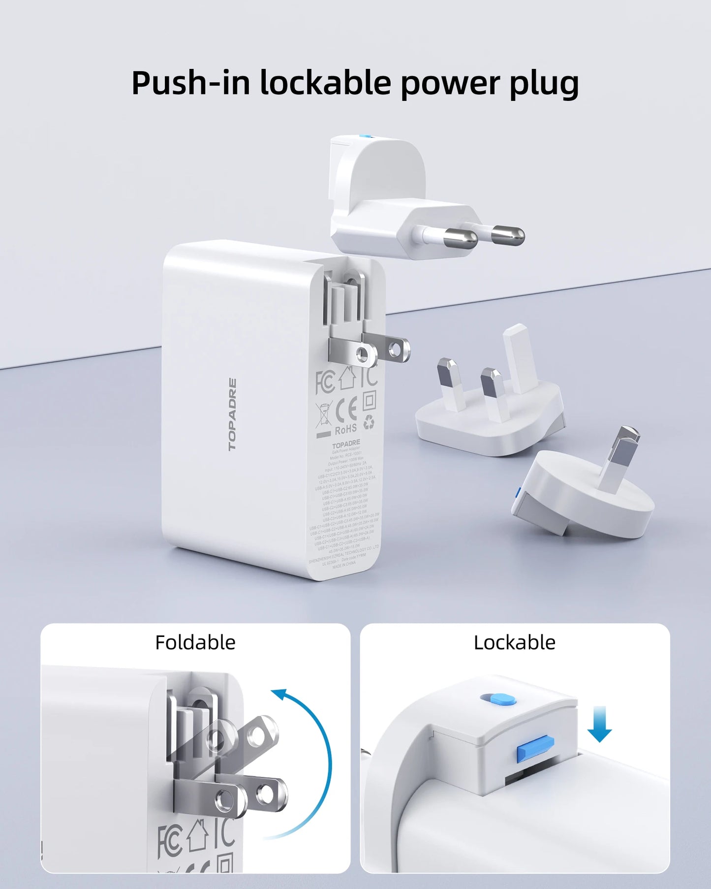100W USB C Travel Charger With 4 Ports Foldable UK EU AU Plugs