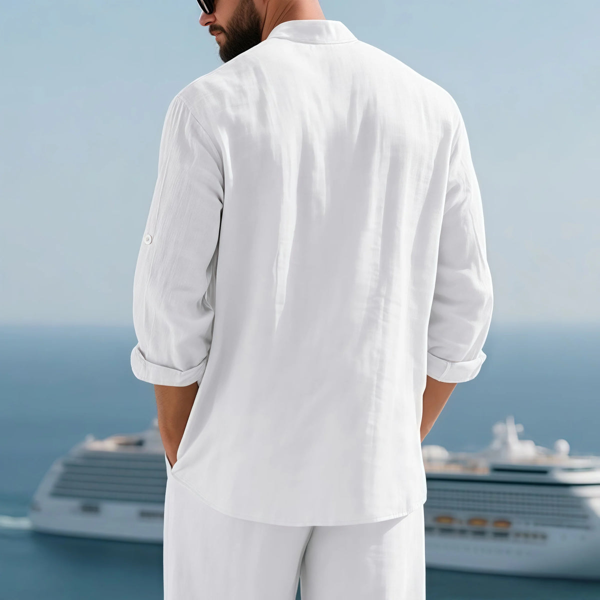 Mens Linen Button Down Shirt With Mandarin Collar Cuffs