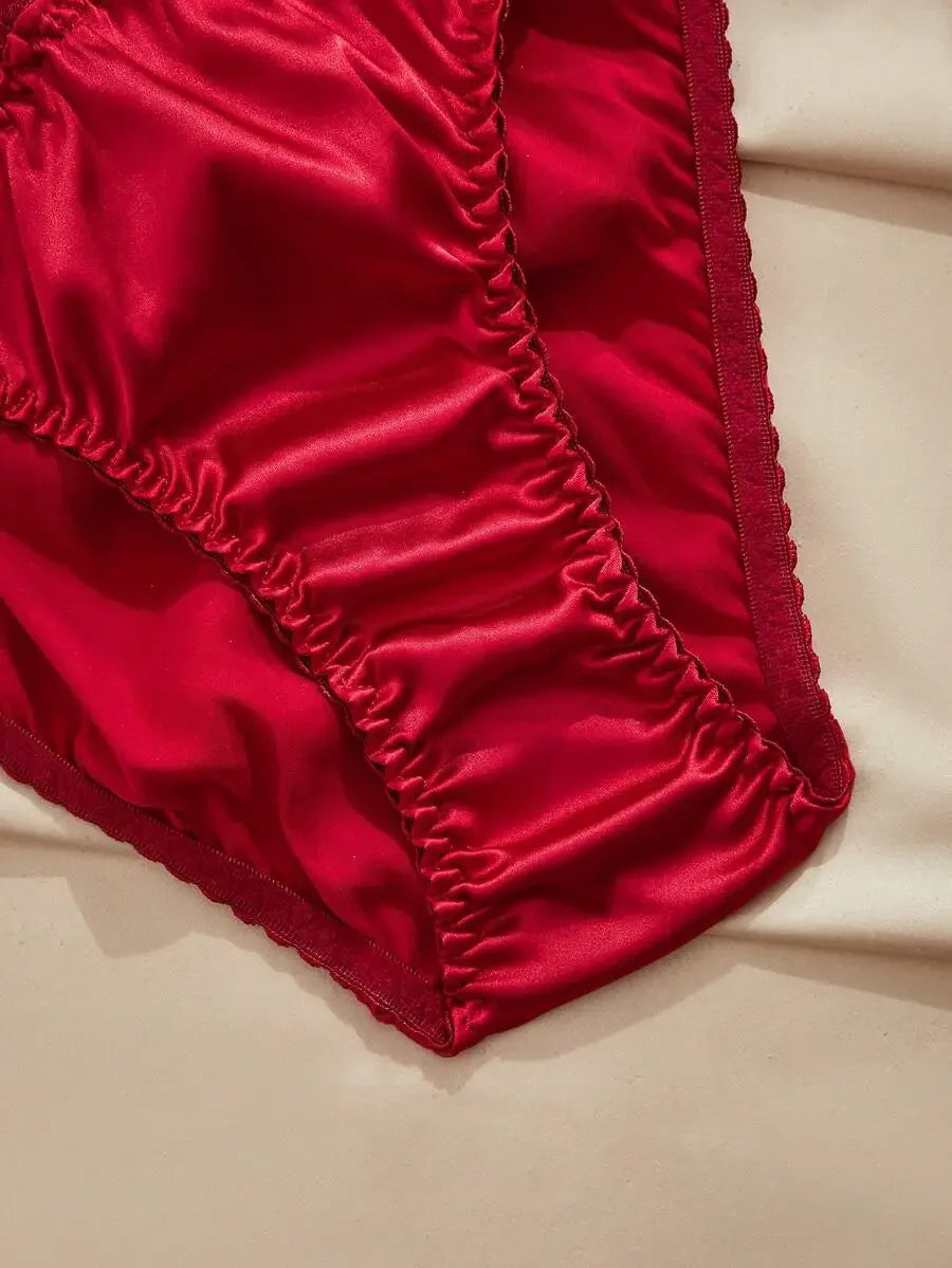 Satin Lace Womens Panties Set 3 Piece Solid Color French Style Briefs