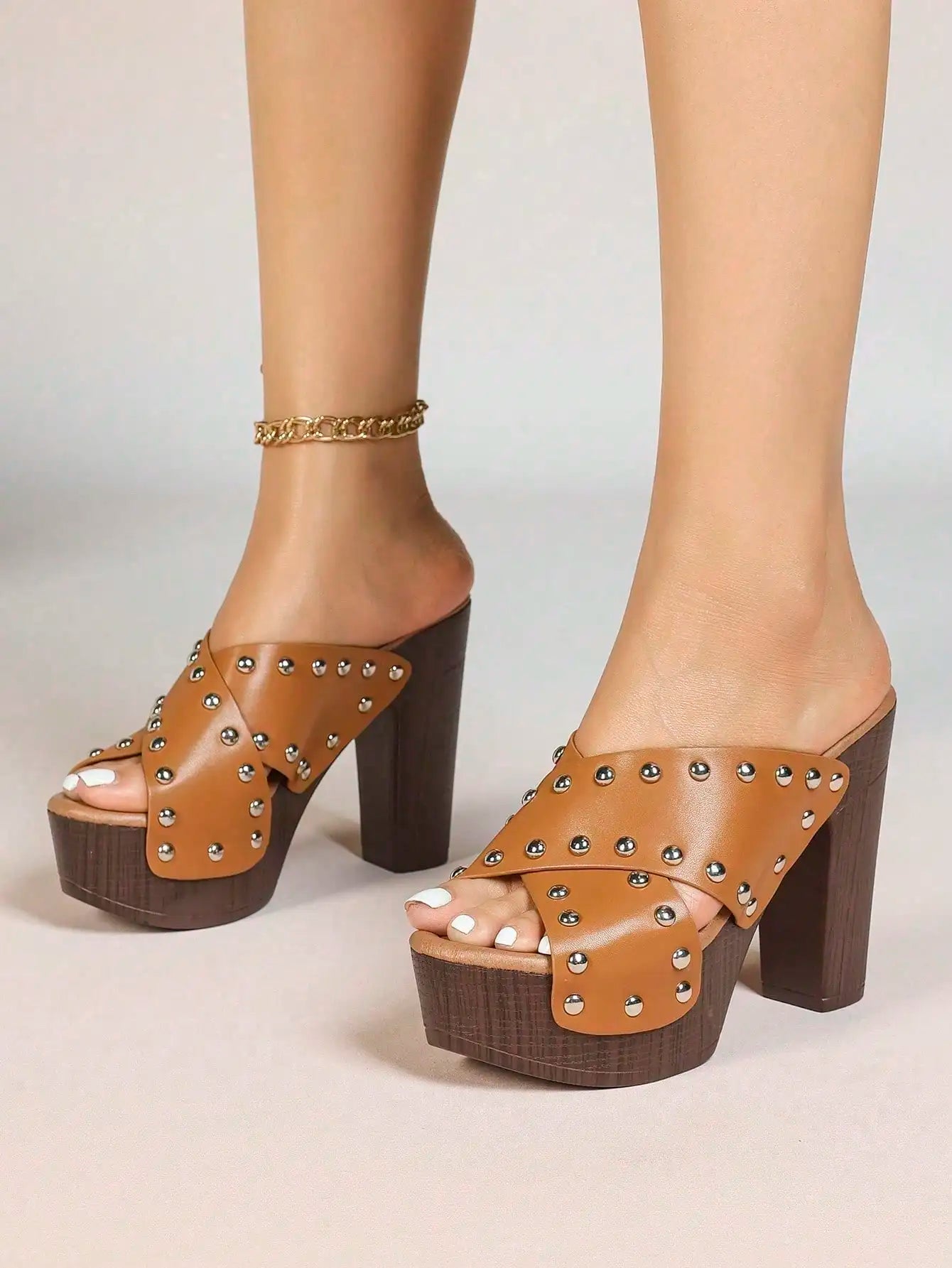 Womens Platform Sandals With Chunky Heels Leather Peep Toe Mules