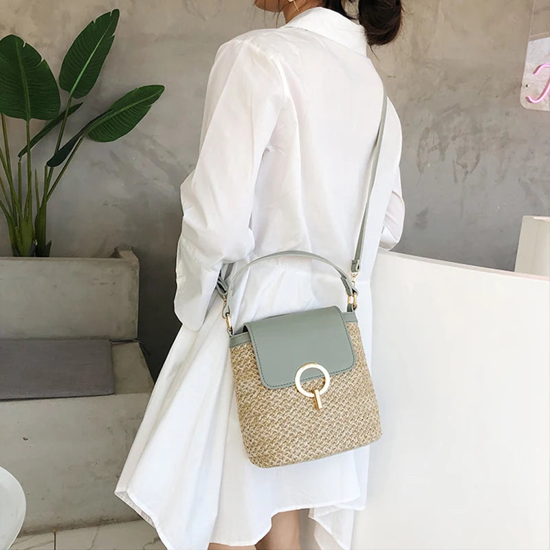 Beach Lady Straw Bucket Bag For Women Travel Purse