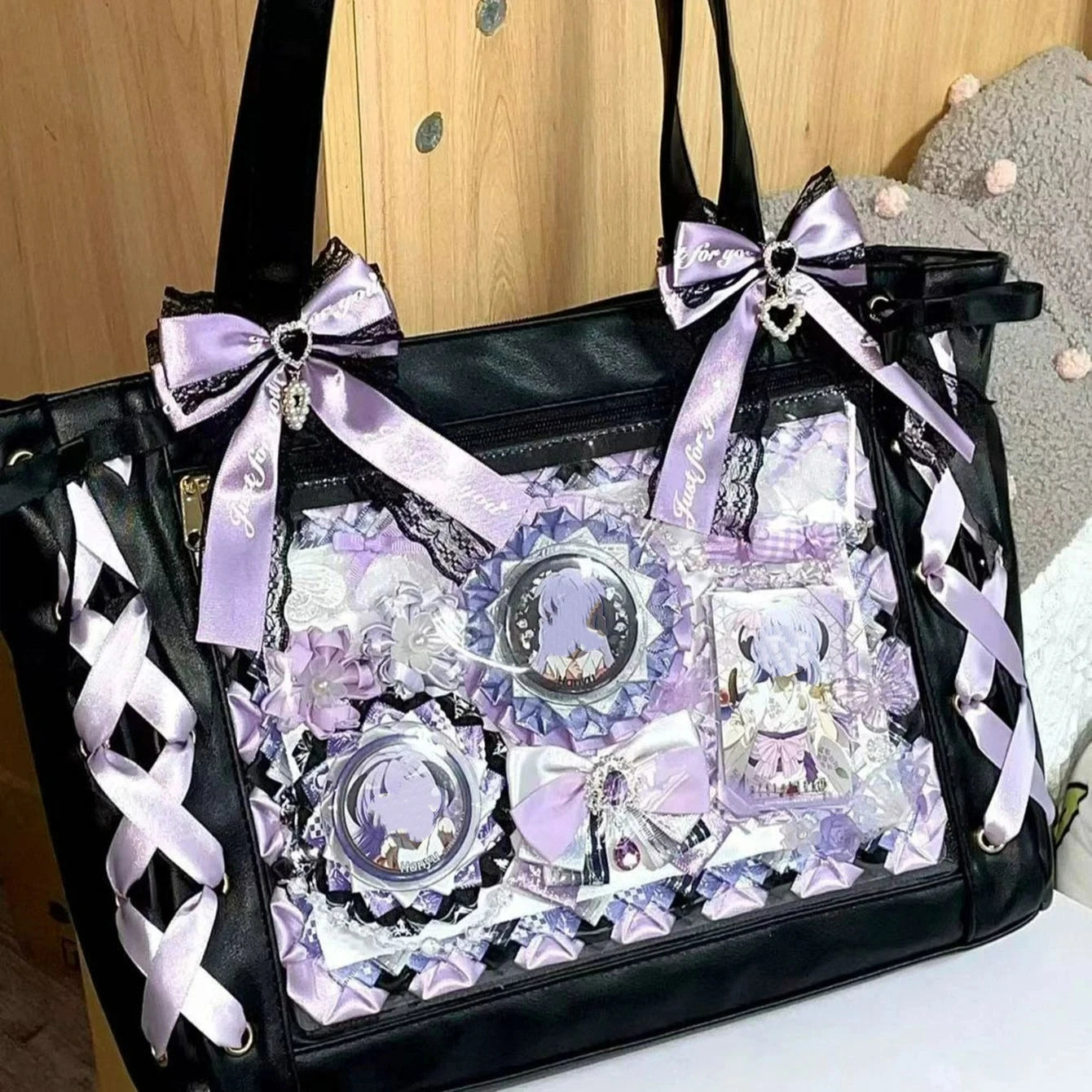 Ulzzang Ita Bag Ribbon Tote For Women Transparent DIY Badge