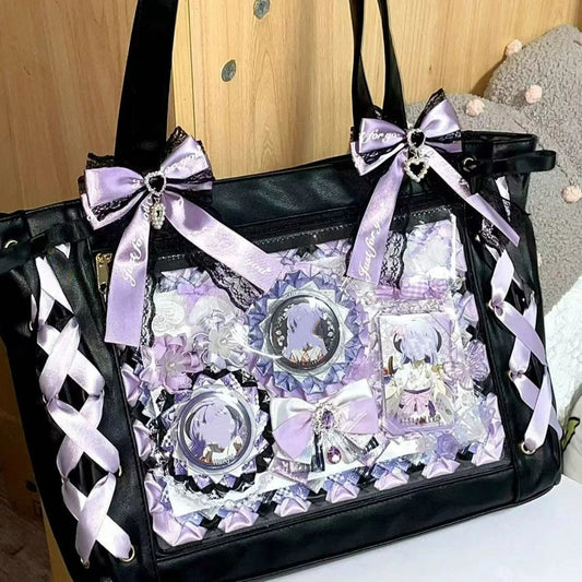 Ulzzang Ita Bag Ribbon Tote For Women Transparent DIY Badge