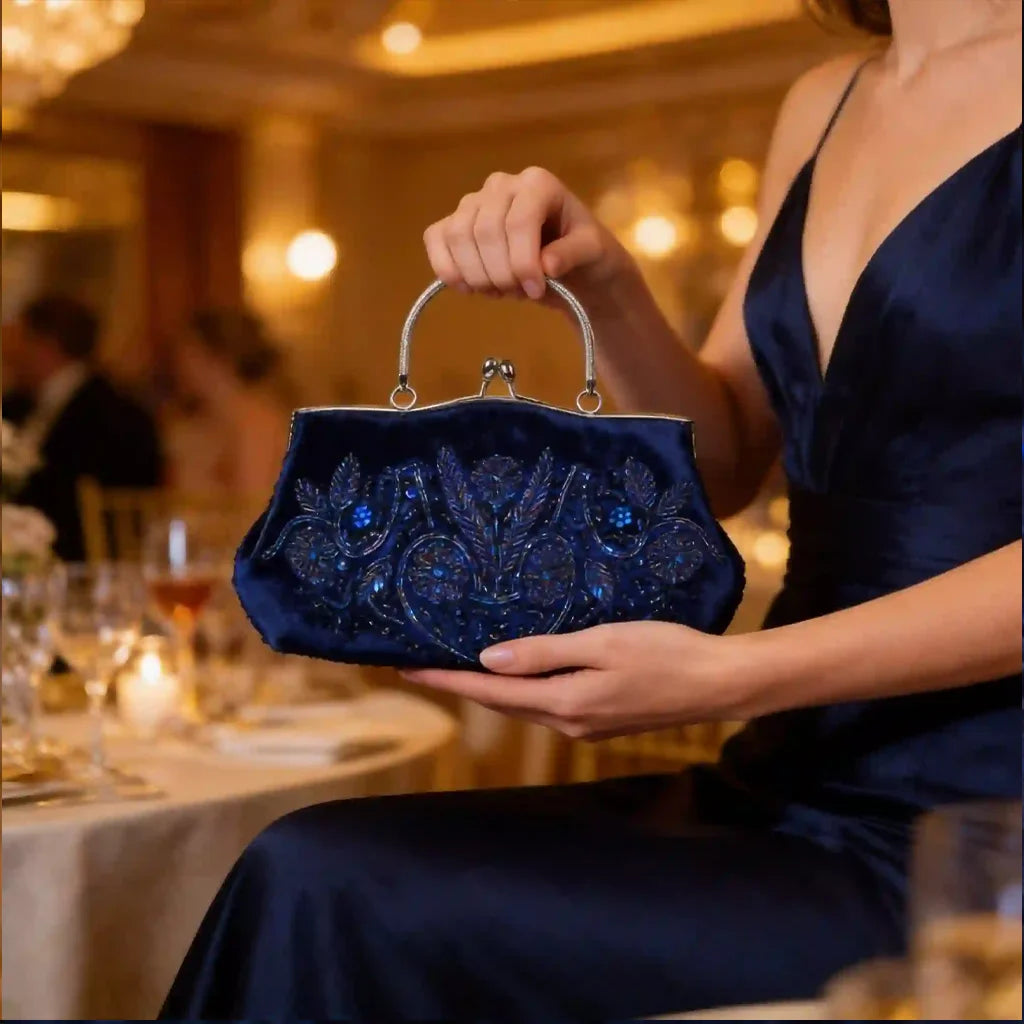 Handmade Beaded Evening Clutch Bag With Kiss Lock And Strap