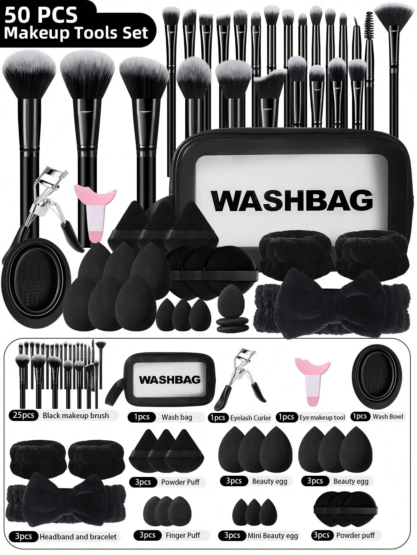All-in-One 50-Piece Makeup Tools Set with Cosmetic Bag