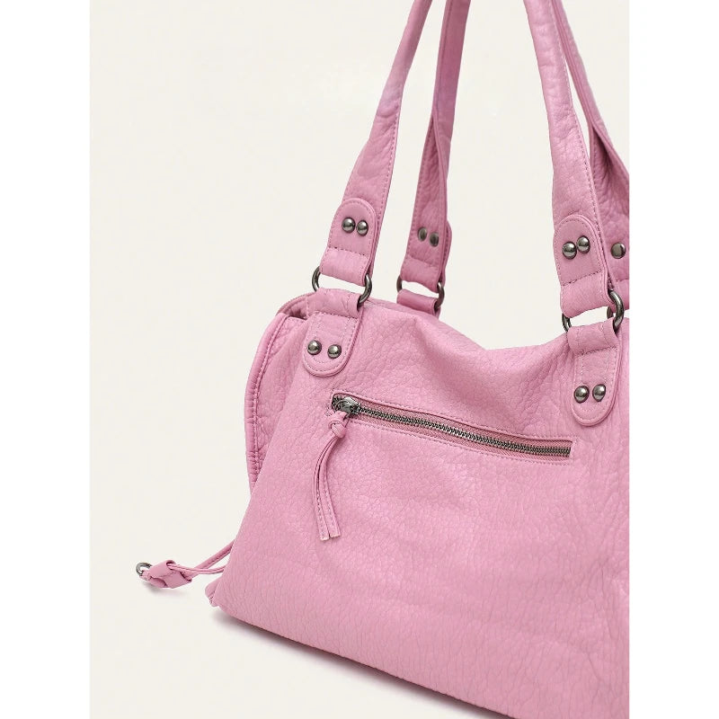 Women Casual Pu Leather Tote Bag With Zipper Pockets Braid Decor