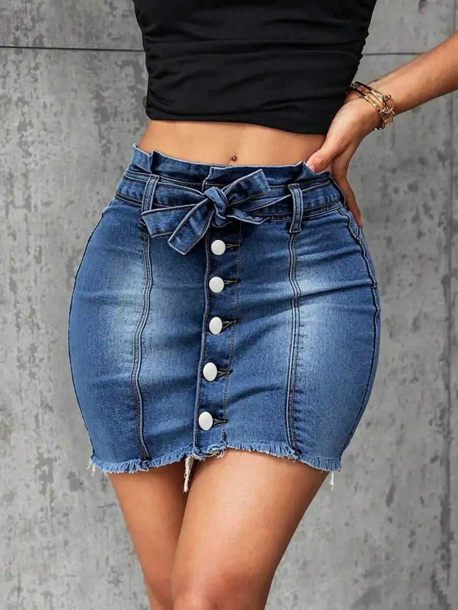 High Waisted Paper Bag Denim Skirt With Button Front