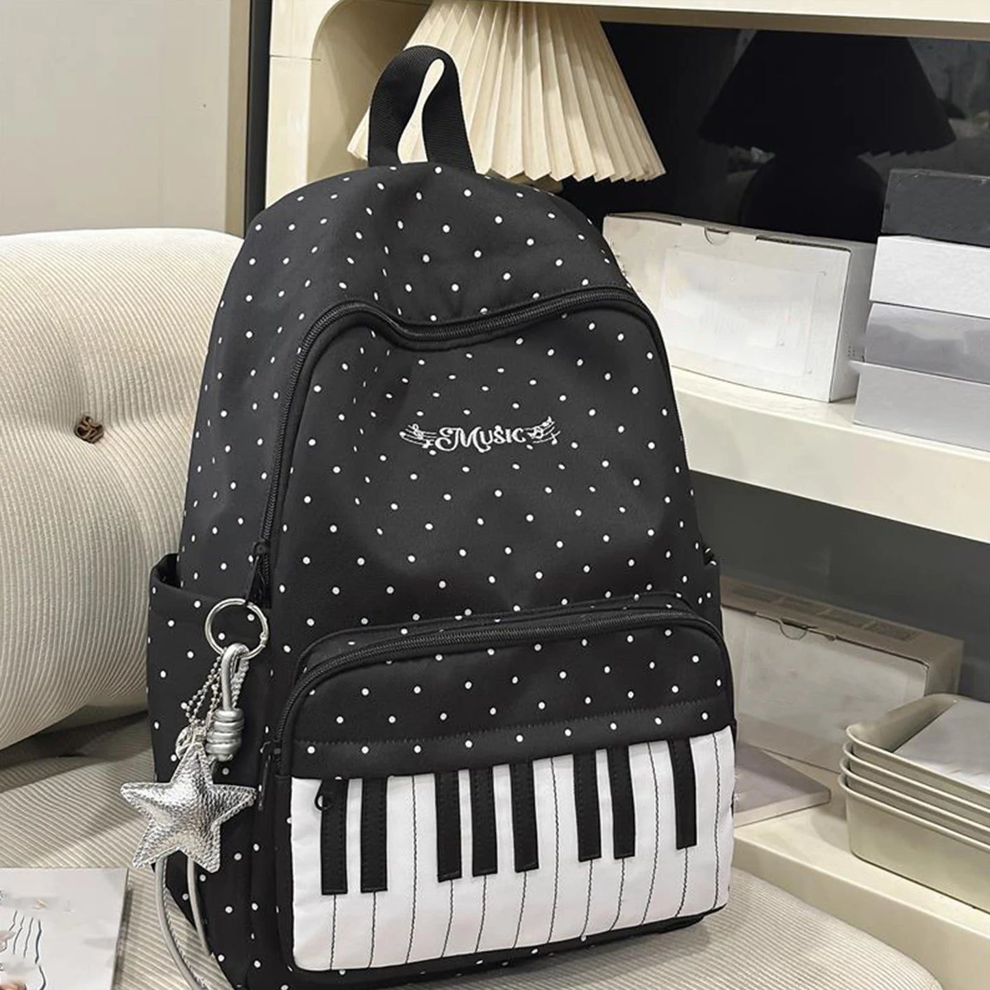 Shunmaii Nylon Polka Dot Piano Key Backpack for Teens