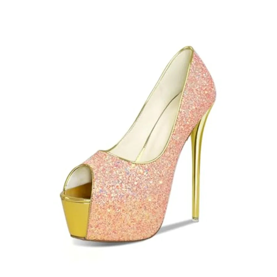 Women's Glitter Peep Toe Platform Stiletto Pumps For Evening Wear