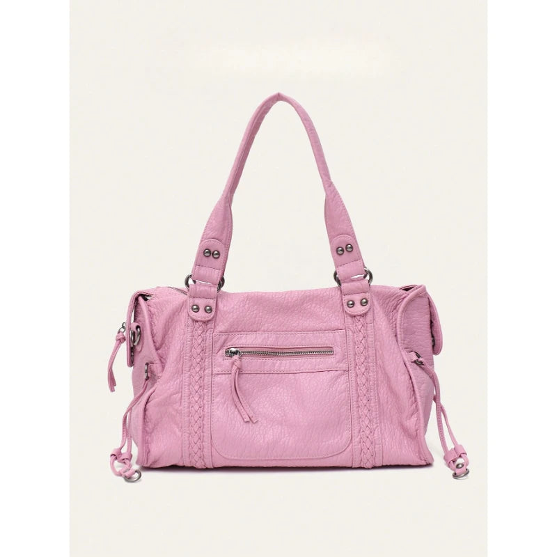 Women Casual Pu Leather Tote Bag With Zipper Pockets Braid Decor