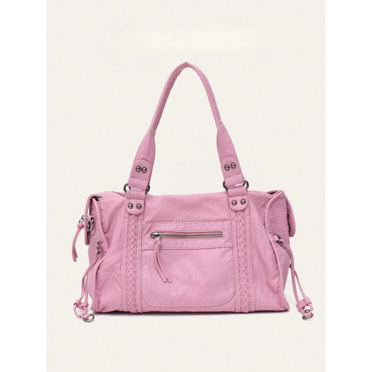 Women Casual Pu Leather Tote Bag With Zipper Pockets Braid Decor