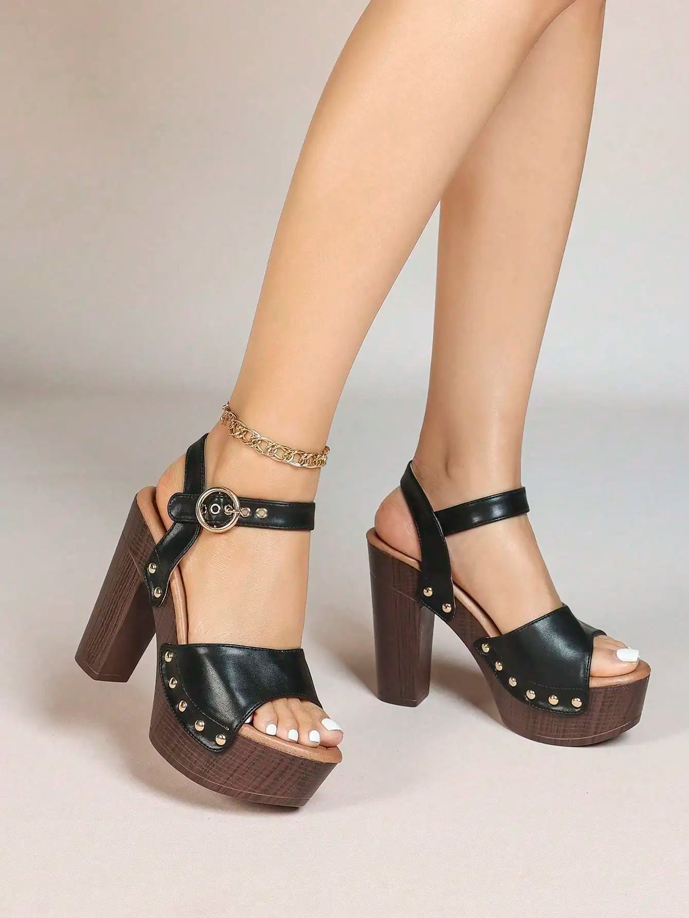 Women's Bold Buckles Studded Wedge Sandals With Platform Heels