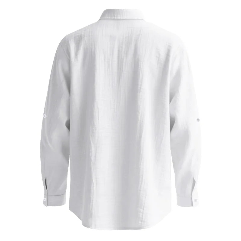 Mens Linen Button Down Shirt With Mandarin Collar Cuffs