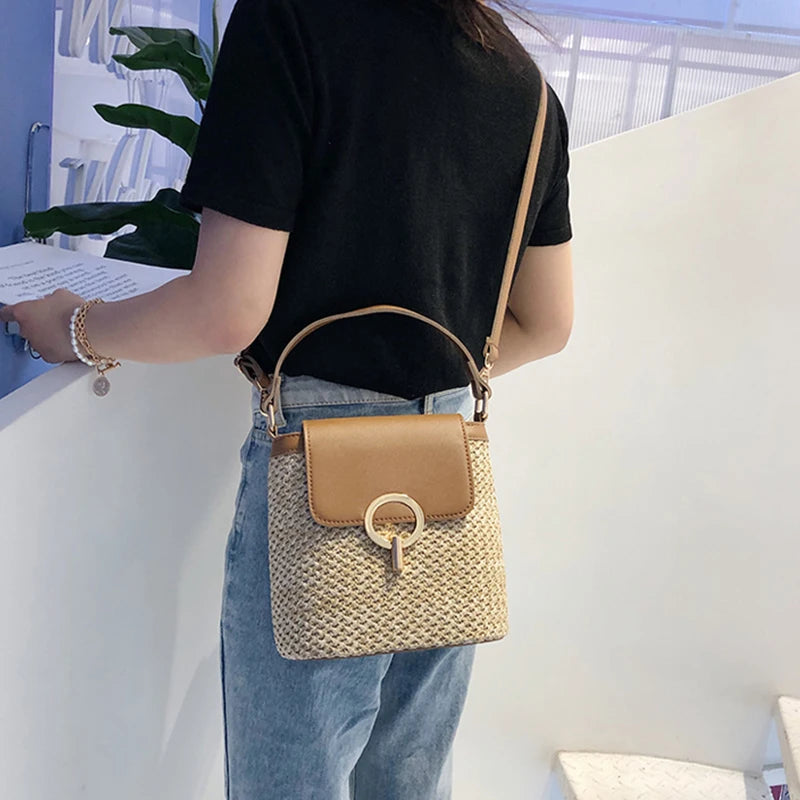 Beach Lady Straw Bucket Bag For Women Travel Purse