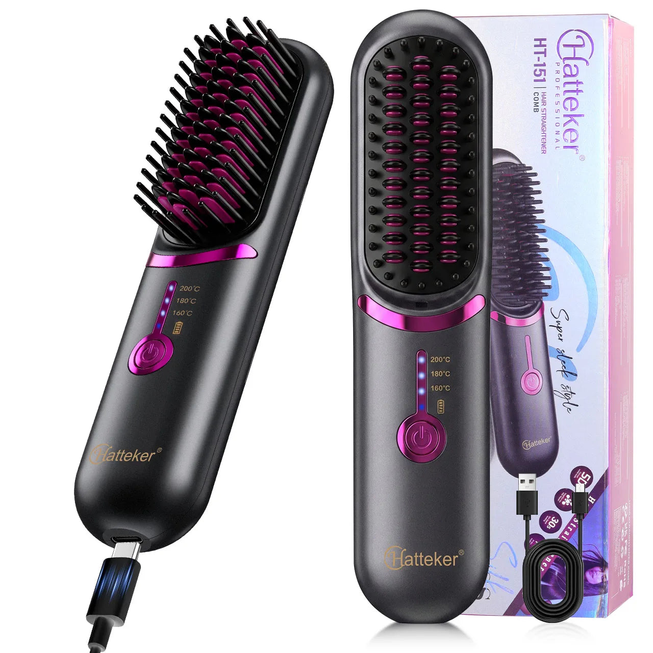 Hatteker Wireless Rechargeable Hair Straightening Comb With Three Heat Levels