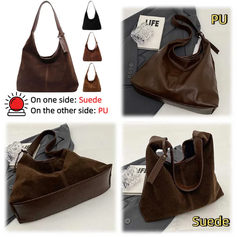 Women Suede Tote Bag With Magnetic Closure And Slouchy Retro Shoulder Style