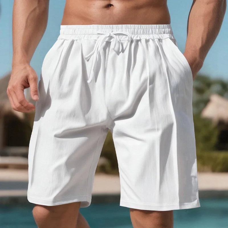 Men Quick Dry Linen Beach Shorts With Drawstring Waist Pockets