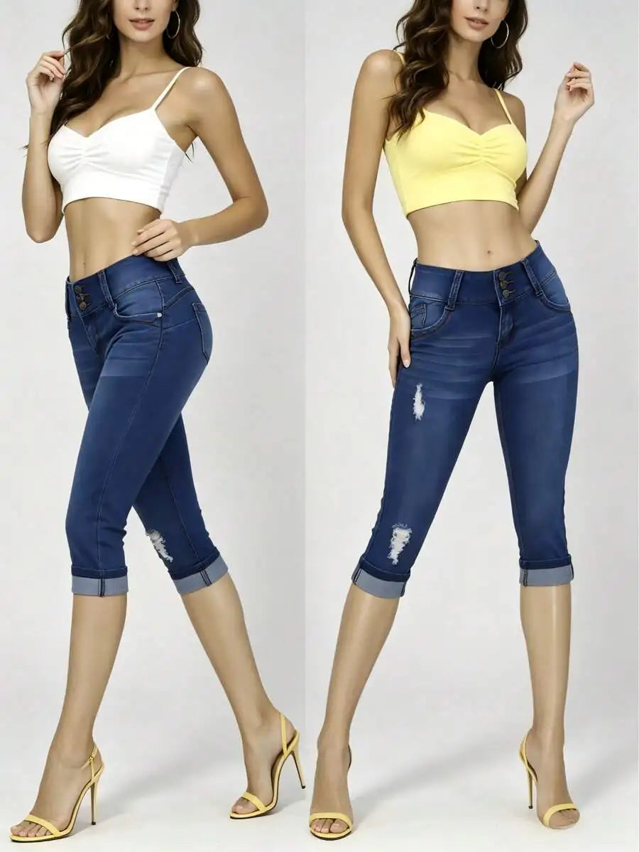 Denim Capri Shorts With Cuffed Hem Distressed Holes High Waist