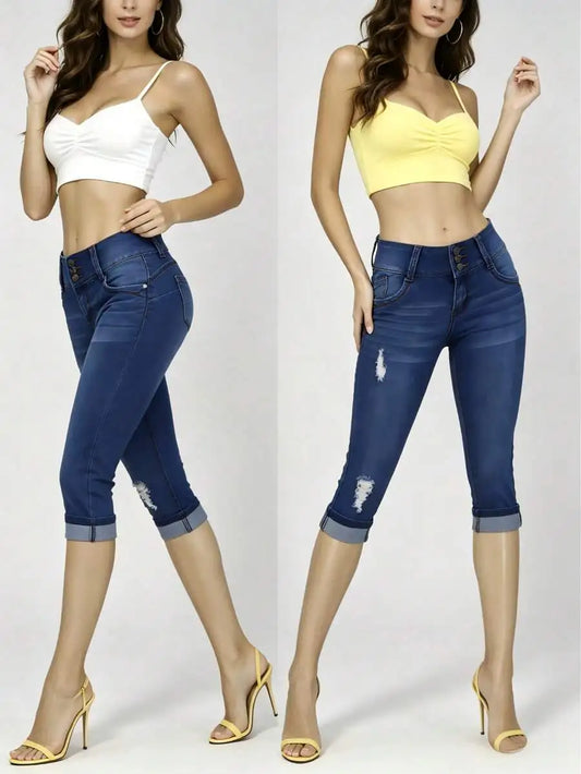 Denim Capri Shorts With Cuffed Hem Distressed Holes High Waist