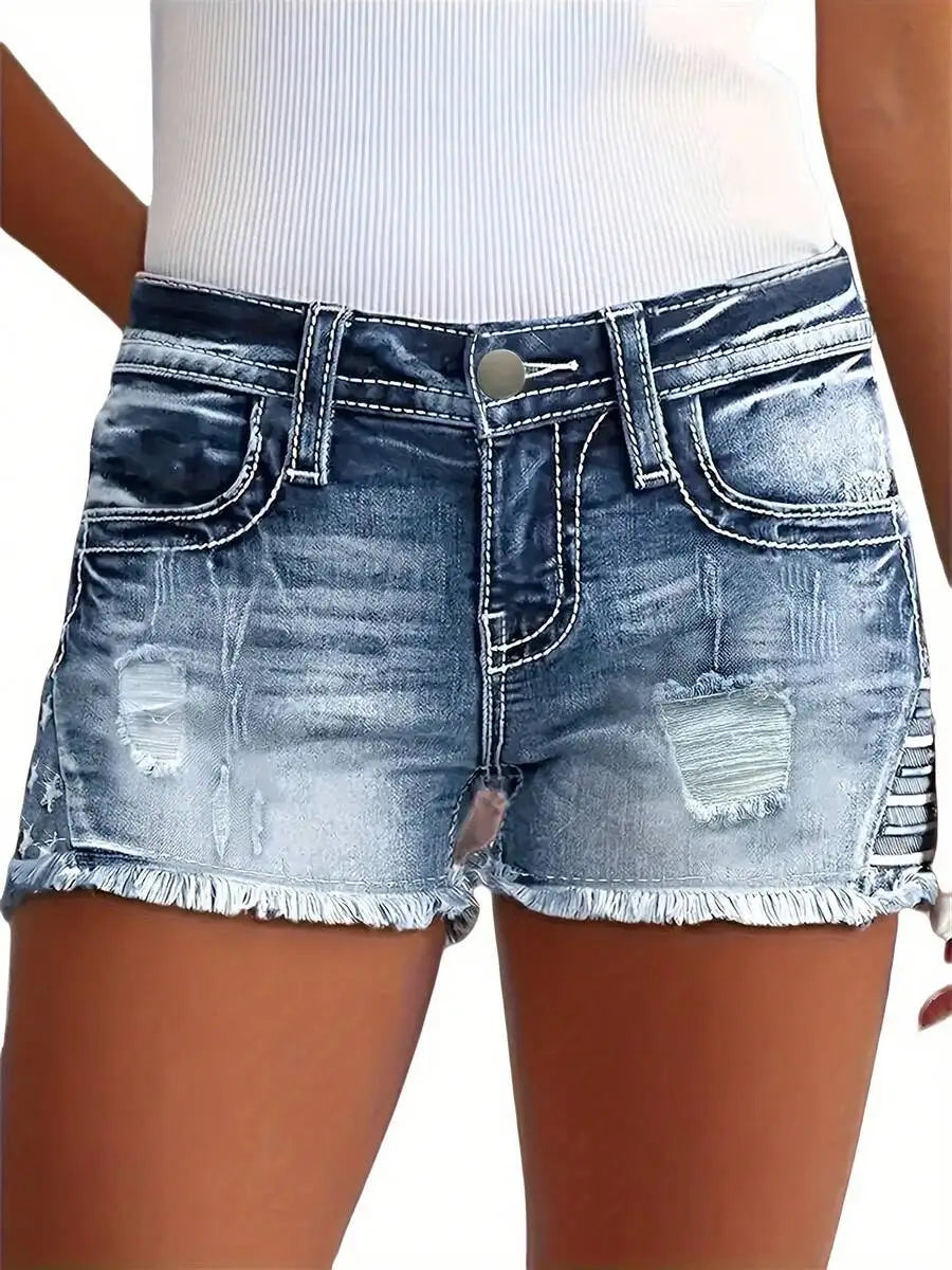 Womens Ripped Denim Shorts With Star Embroidery Stretch Casual Summer