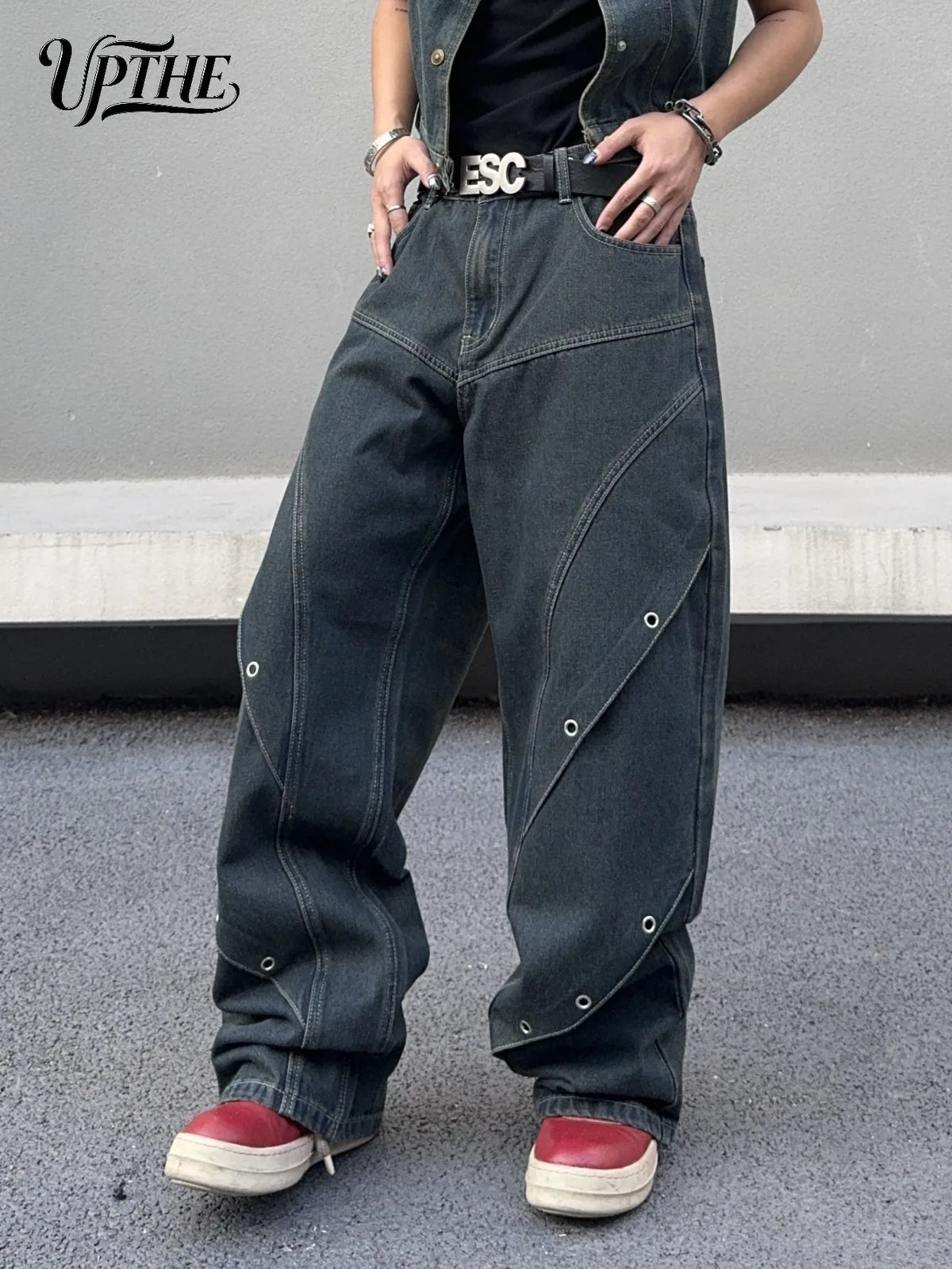 UPTHE Men's Baggy Wide Leg Denim Jeans With Spliced Details