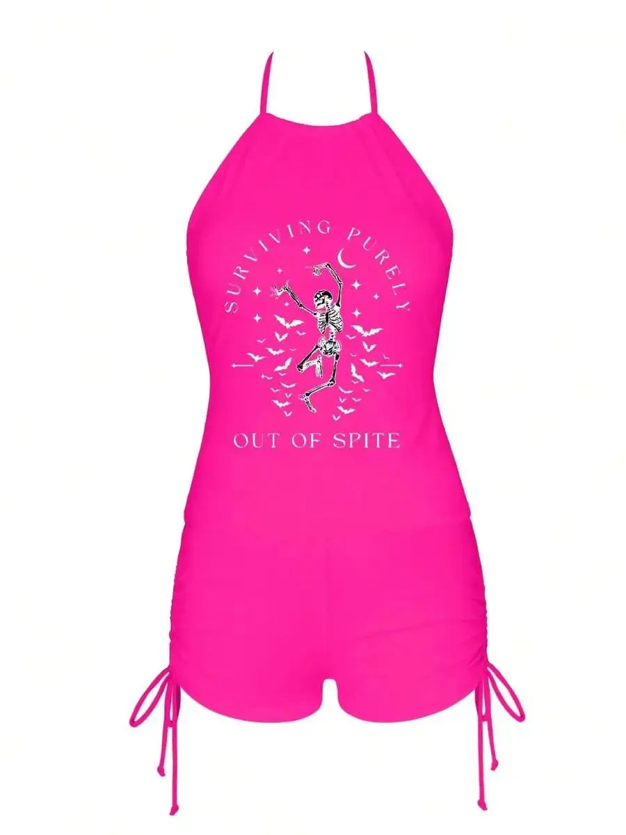 Womens Halter Neck Tankini Set With Drawstring Shorts Modest Swimsuit