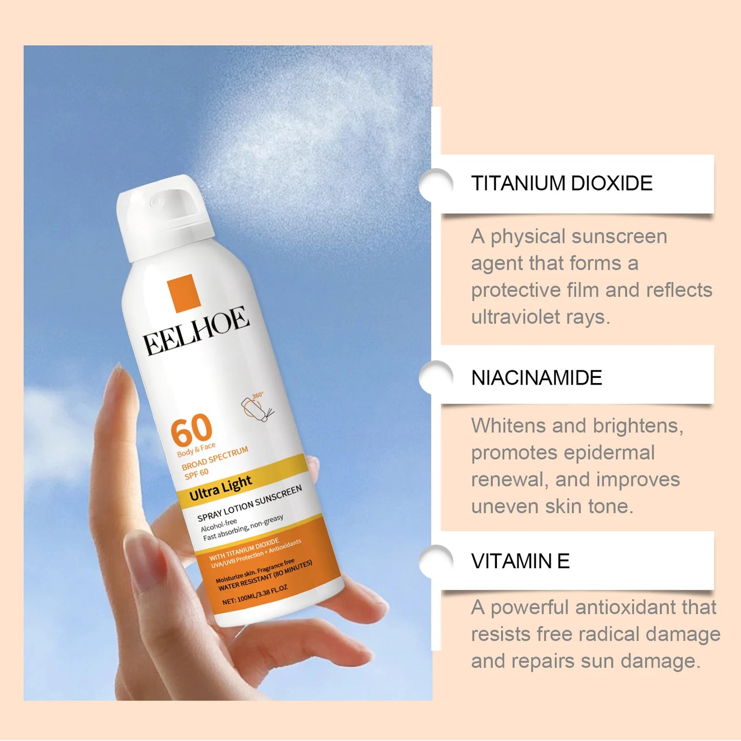 Eelhoe Vitamin E Sunscreen Spray Long Lasting Moisturizing Shield