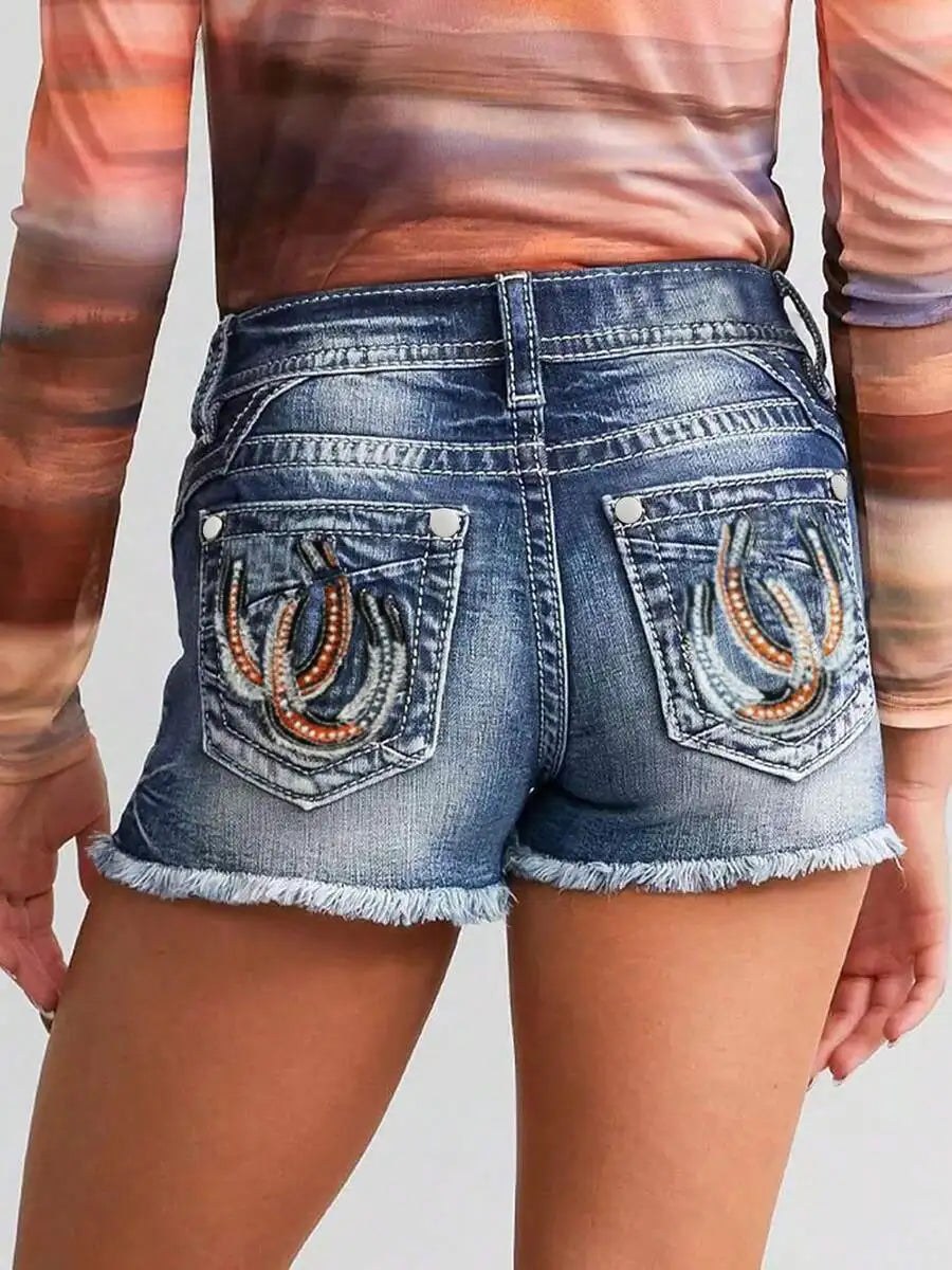 Denim Shorts With High Waist Embroidery Detail Frayed Hem