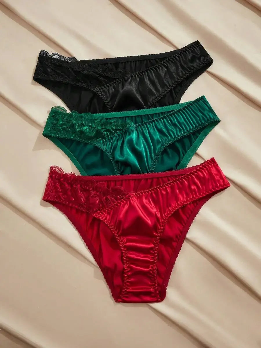 Satin Lace Womens Panties Set 3 Piece Solid Color French Style Briefs