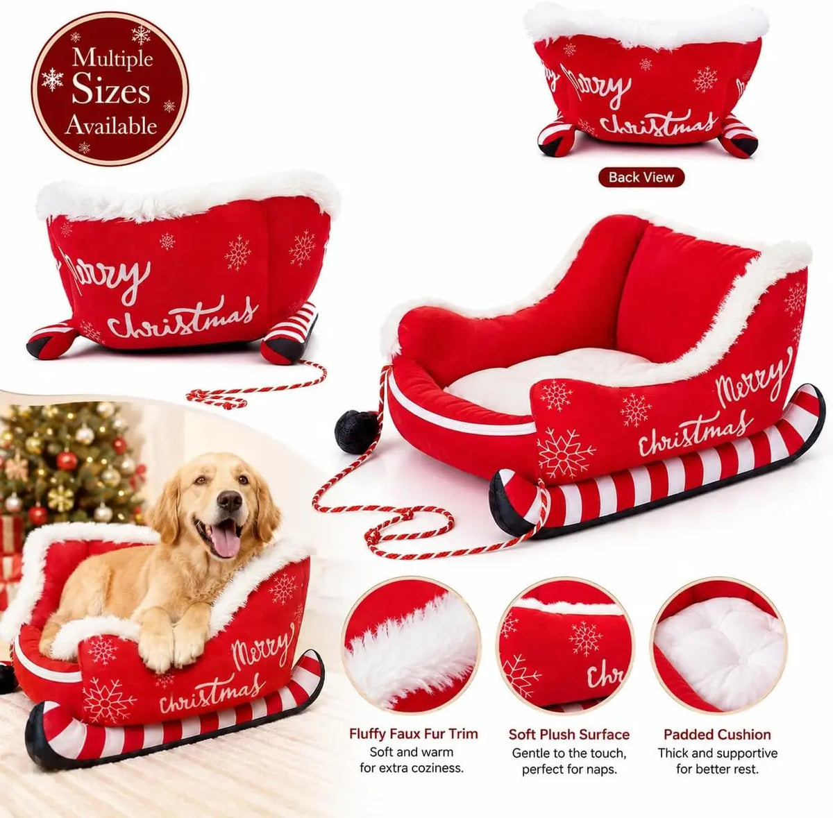 Christmas Dog Bed Sleigh Santa Themed Plush Pet Sofa Washable
