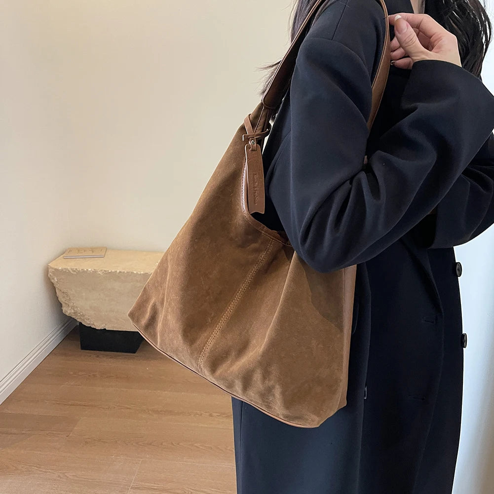 Women Suede Tote Bag Magnetic Closure Shoulder Slouchy Handbag