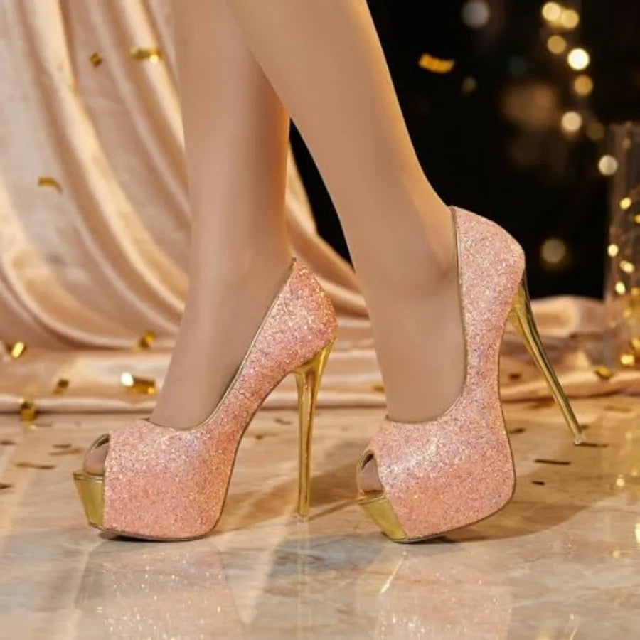 Women's Glitter Peep Toe Platform Stiletto Pumps For Evening Wear