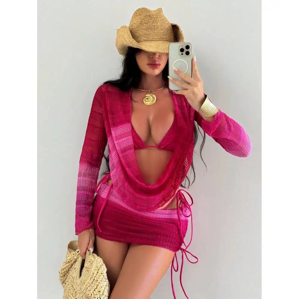 Striped Mesh Knit 3 Piece Swimsuit Coverup Set Draped Top