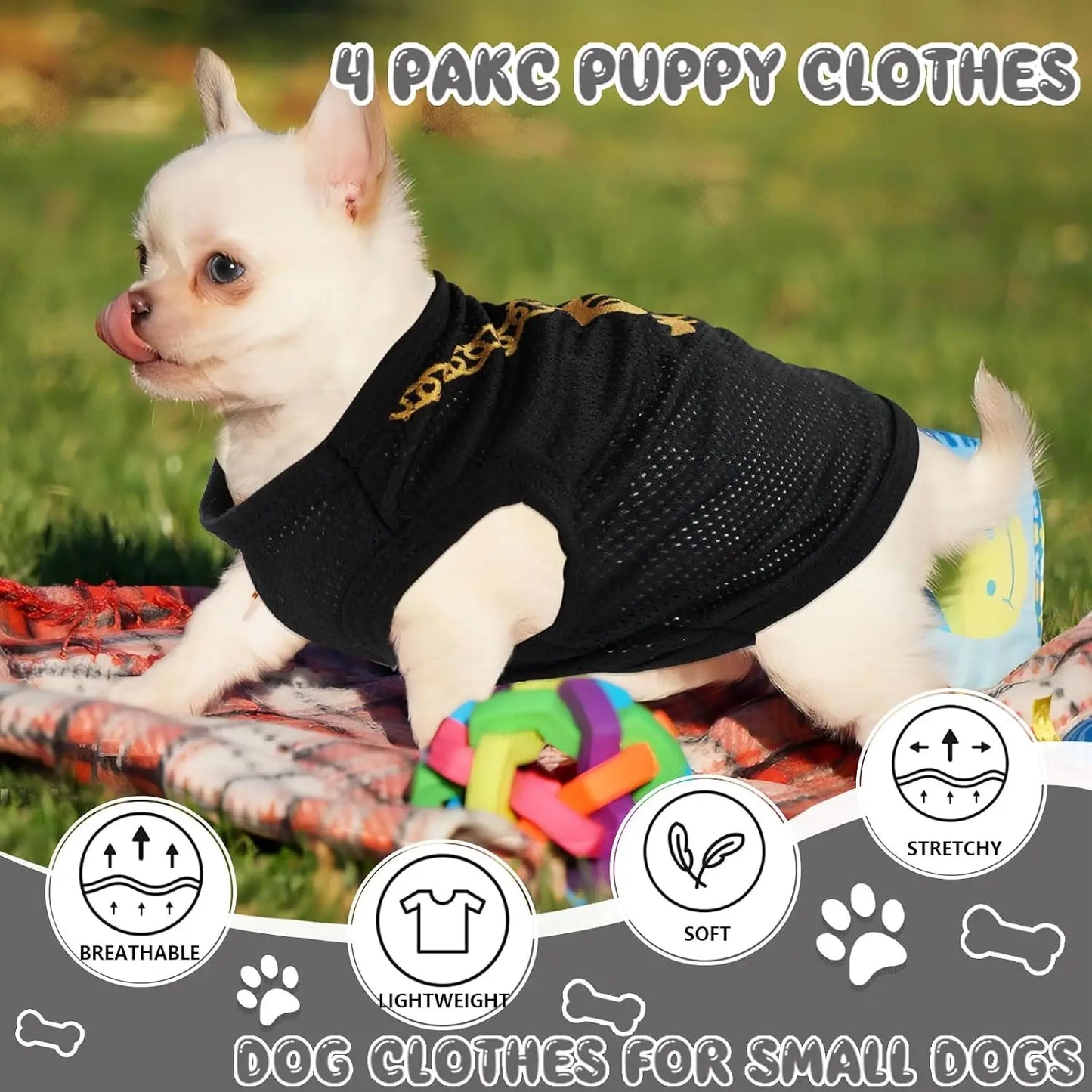 4Pack Dog Shirt Set Soft Polyester Tees With Cute Patterns