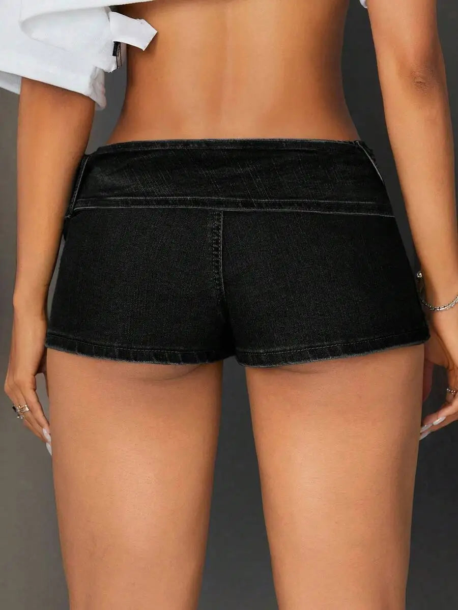 Women Low Waist Denim Shorts With Belt Buckle Summer Casual