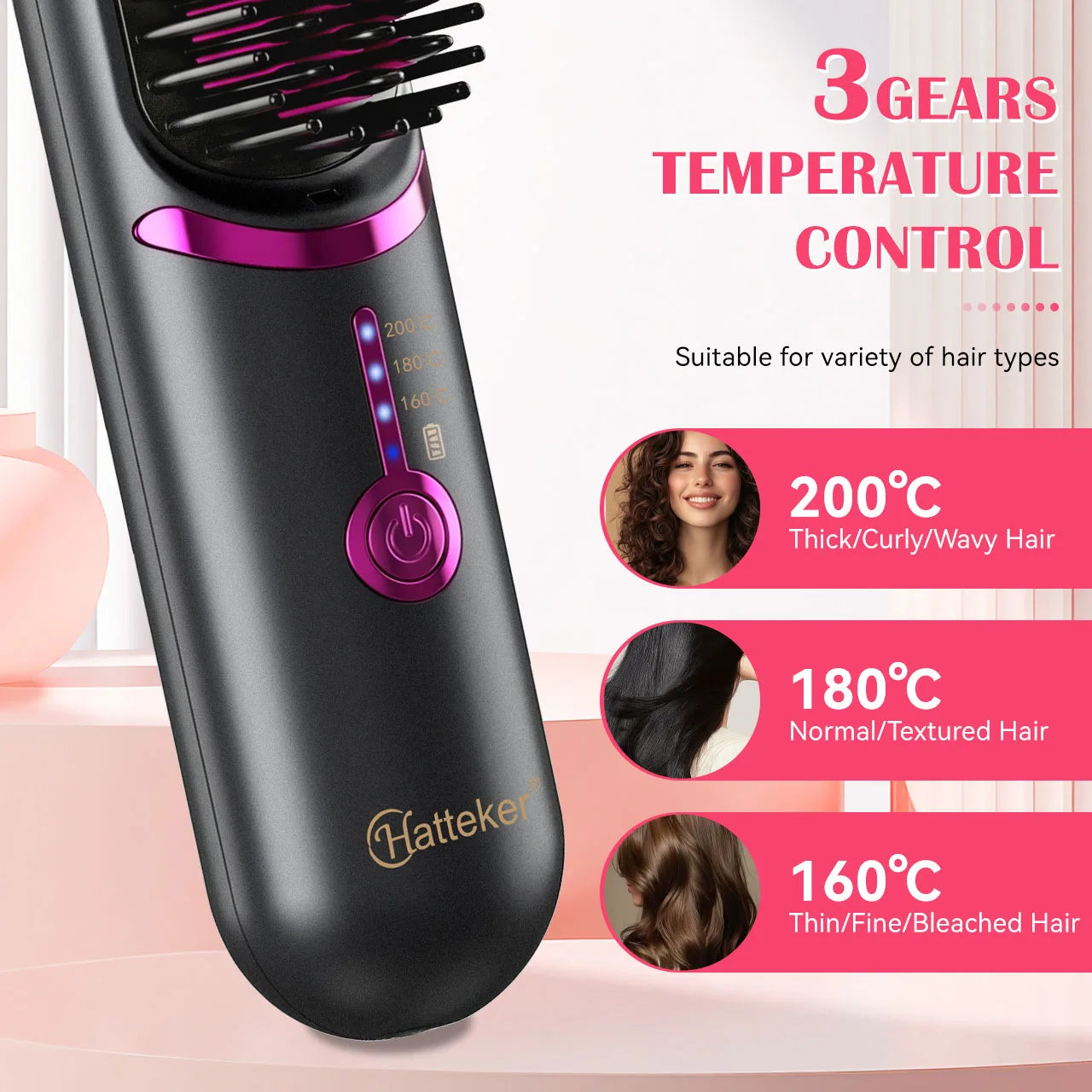 Hatteker Wireless Rechargeable Hair Straightening Comb With Three Heat Levels