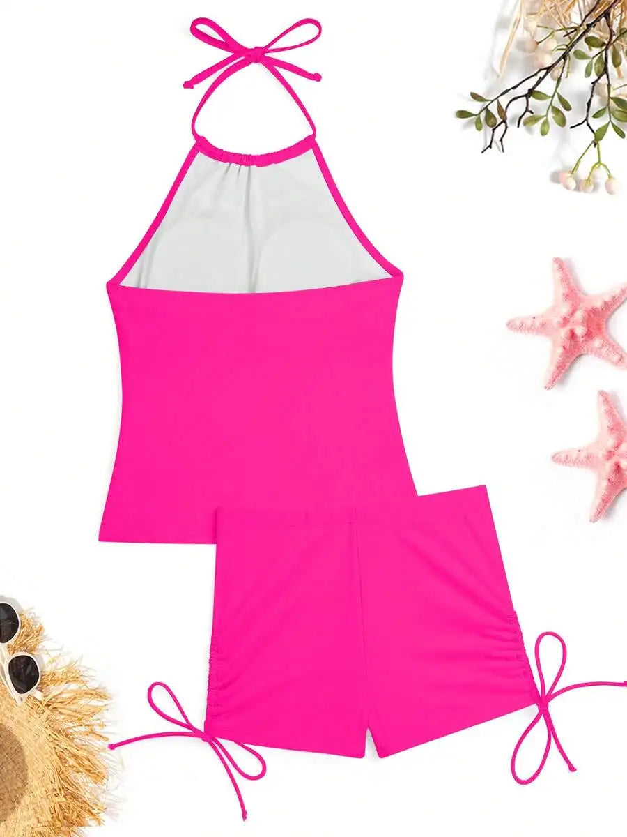Womens Halter Neck Tankini Set With Drawstring Shorts Modest Swimsuit