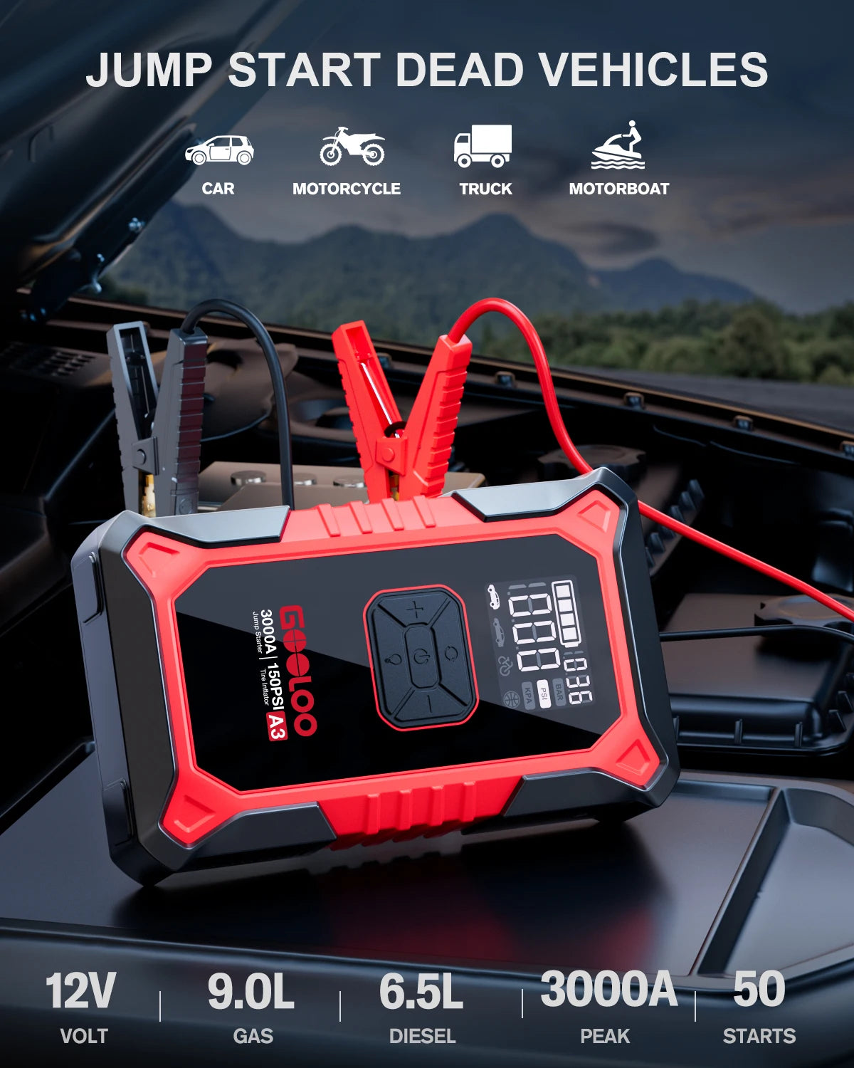 GOOLOO A3 Jump Starter With Air Compressor 3000A Portable