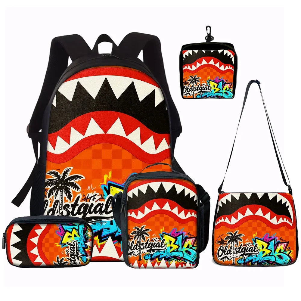 Trendy Shark Graphic Backpack Set For School And Daily Adventures