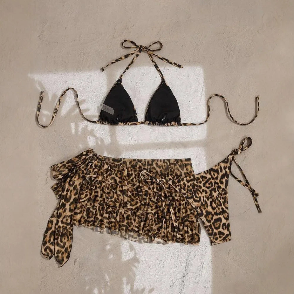 Leopard Print 3-Piece Bikini Set For Women Beach Swimwear