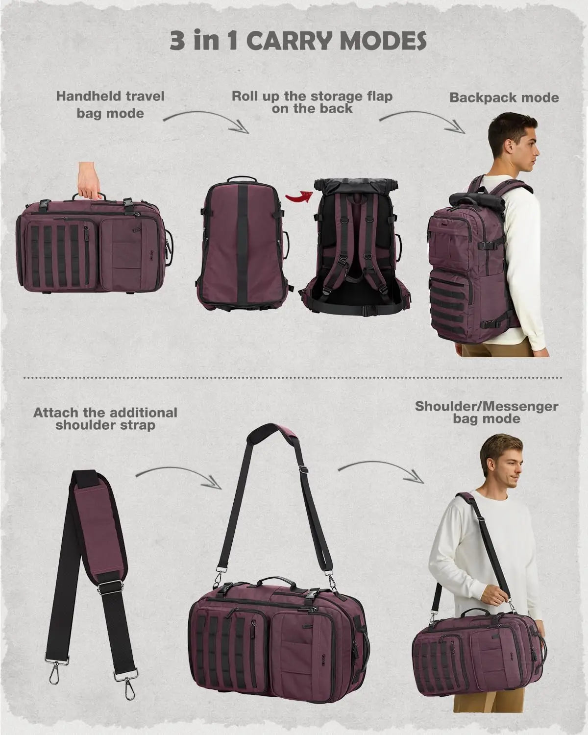 Carry On 3 In 1 Convertible Travel Backpack For Work