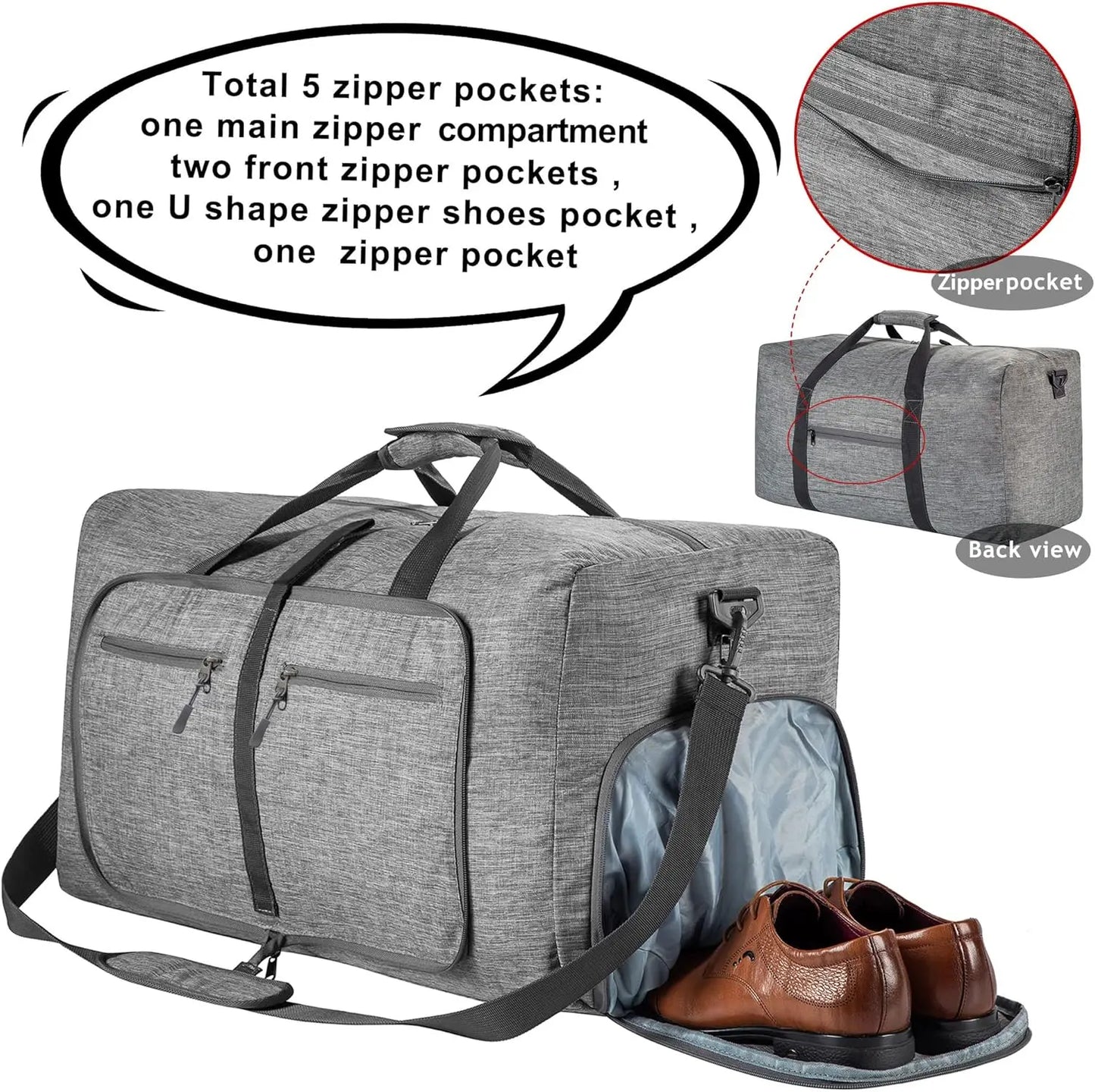 Foldable Travel Duffle Bag With Shoe Compartment Water Resistant